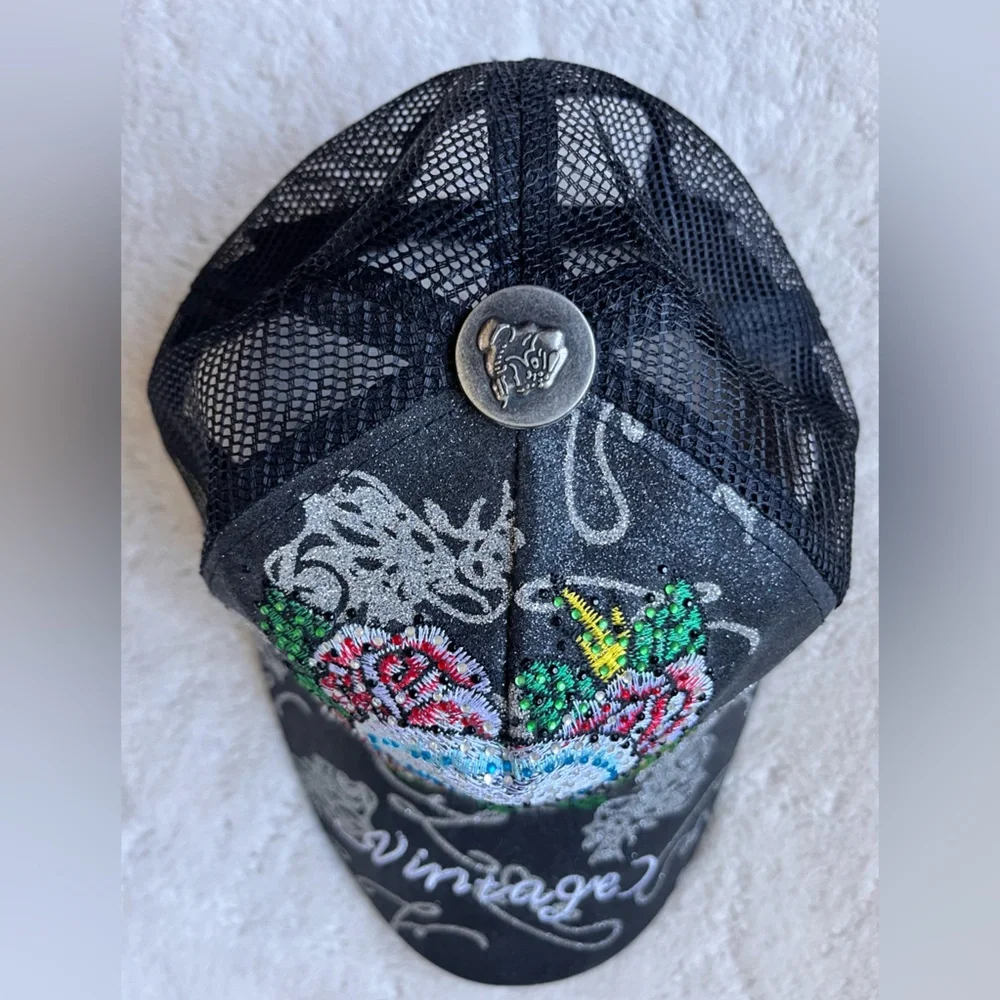Vintage Skull, Flowers, and Rhinestone Trucker Hat